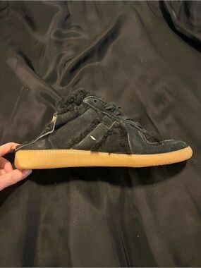 Maison Martin Margiela Black Suede Sneakers with Gum Sole and Shearling Trim